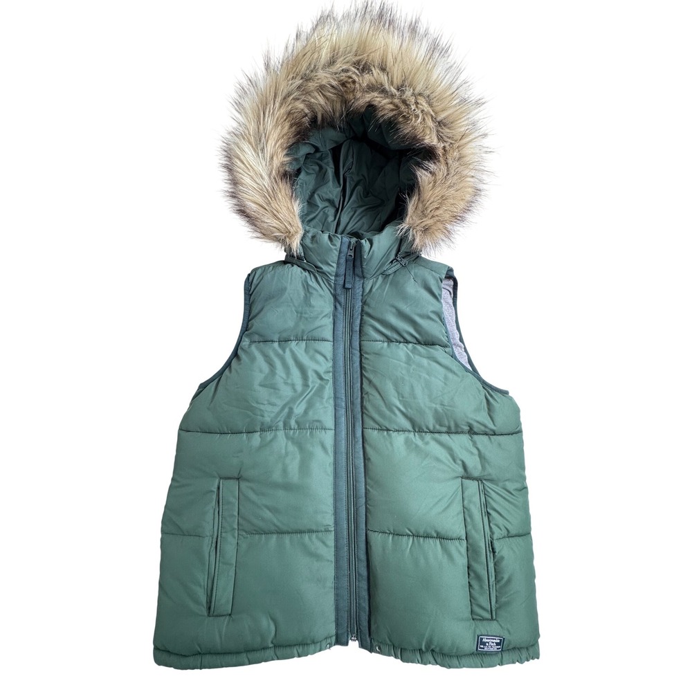 Abercrombie Fitch Puffer Vest Green Fur Hood Quilted Size M Women